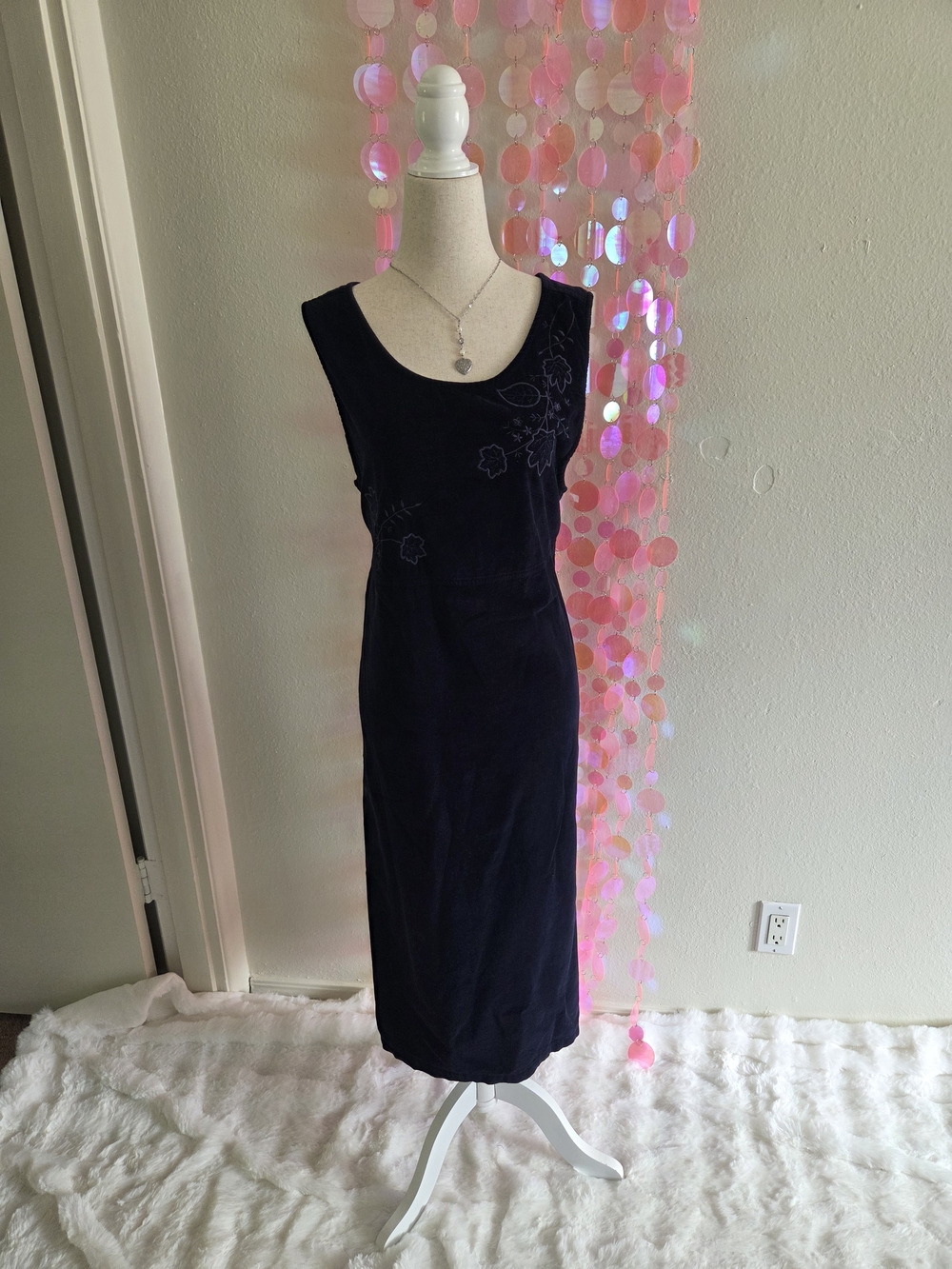90s Erika & Co Navy Velvet Floral Midi Dress